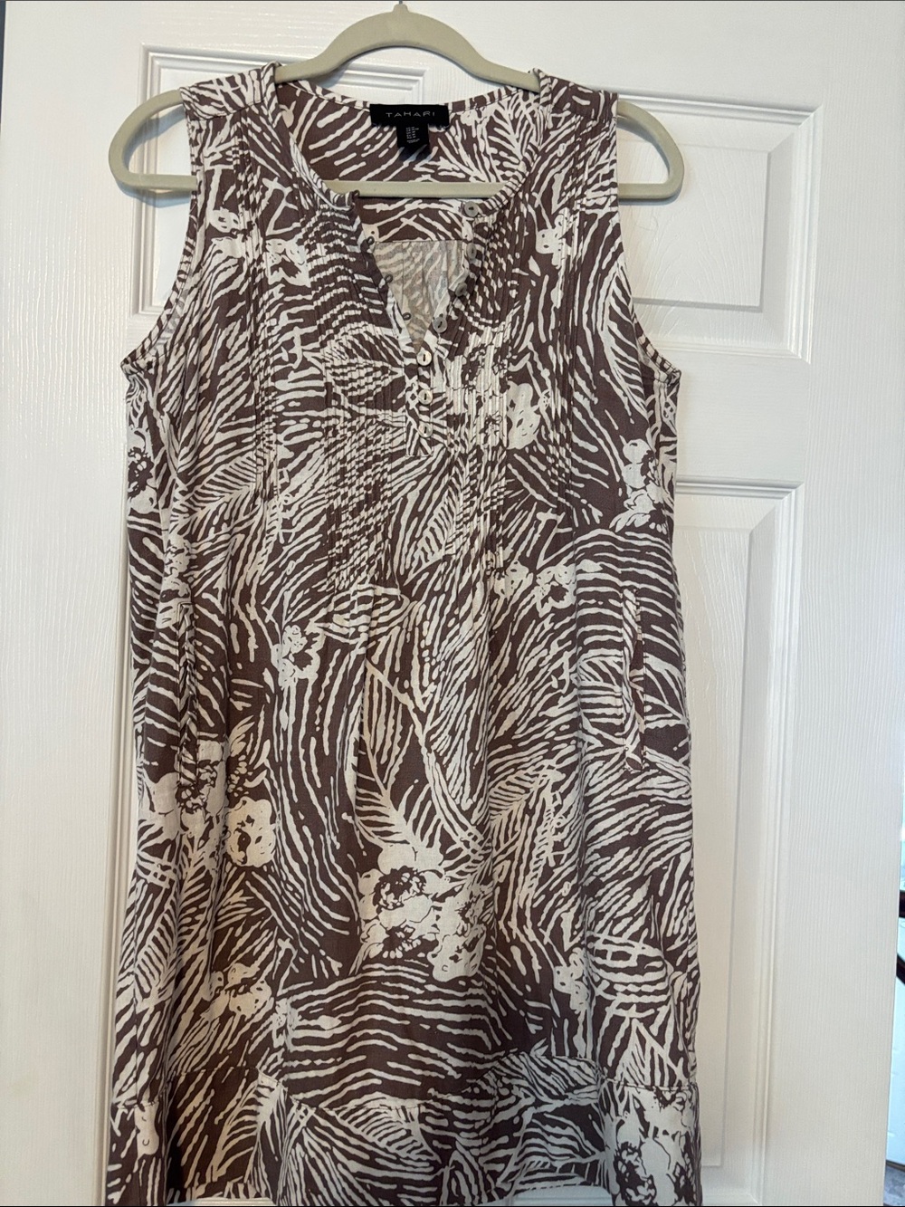 Tahari Brown and White Tropical Print Pintuck Shift Dress